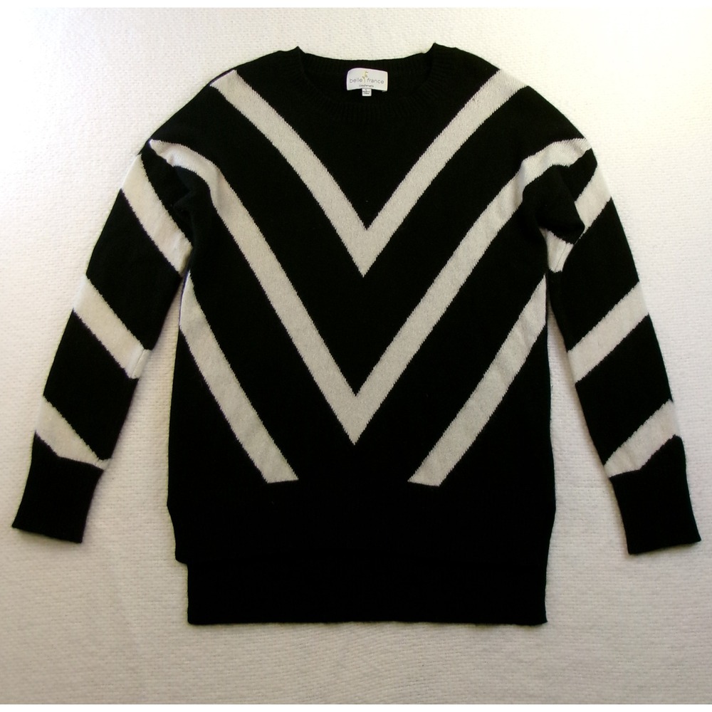 Belle France Cashmere Sweater Womens Large Black White Chevron Stripe‎ 2 Ply L